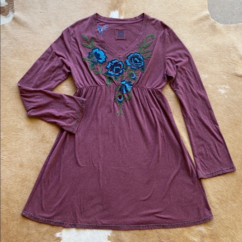 Double D Ranch Purple Long Sleeve Dress with Blue Floral Embroidery